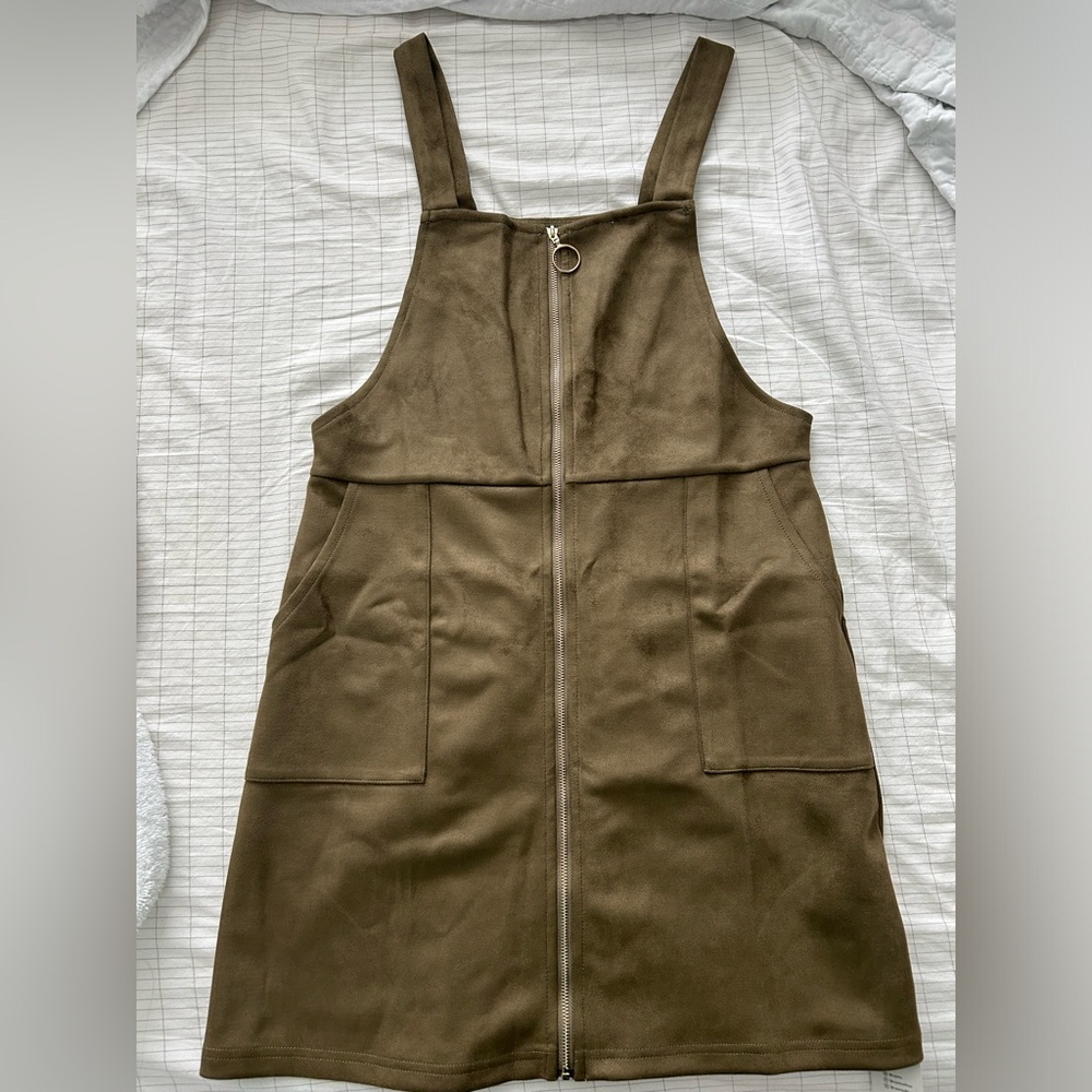 Olive green suede overall mini dress
